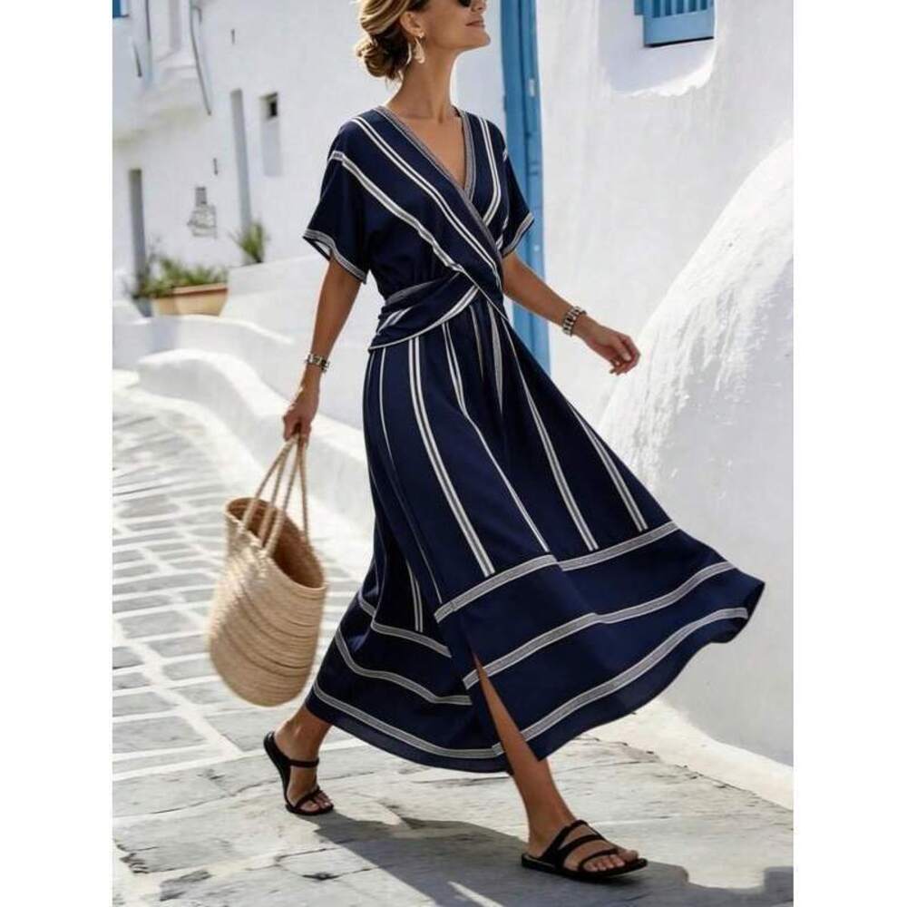 Holidaya Navy Blue And White Striped Maxi Dress,V-Neck Short-Sleeved - Picture 3 of 5